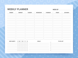 Wall Mural - Weekly planner. Timetable with habit tracker, goals and to do list. Week starts Sunday. Vector illustration. Homework organizer template. Journal schedule page. Blank diary, landscape orientation, A4