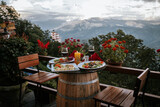 Fototapeta Miasto - Dinner in Nepal with Mount Everest in the background