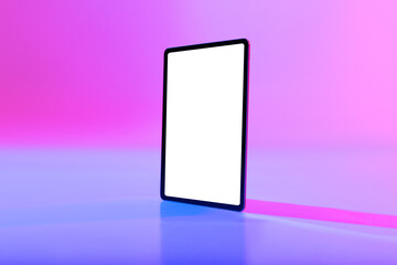 Poster - Tablet pc with space for app or website on empty white screen in neon light. Mockup