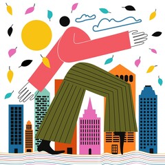 Vector illustration with walking woman or man, city buildings, sun, clouds and falling leave. Colored graphic print design