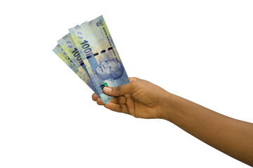 Wall Mural - Fair hand holding 3D rendered South African rand notes isolated on white background