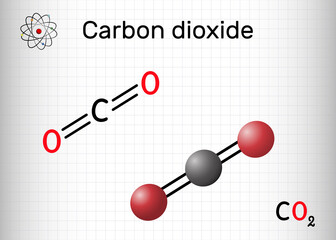 Poster - Carbon dioxide, CO2 molecule. It is carbonic anhydride, one-carbon compound in which carbon is attached to each oxygen atom by double bond. Sheet of paper in a cage