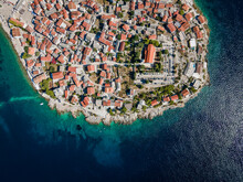 Aerial View Of Primosten Little Town, A Small Village Facing The Mediterranean Sea In Sibenik Province, Croatia.
