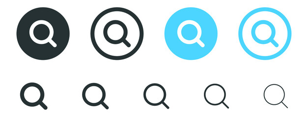 Poster - Search icon button, magnifying glass symbol, Magnifier loupe icon, glass, find, view icons buttons set in filled, thin line, outline and stroke style for apps and website