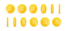 Gold Coins In Different Positions. Set Of Rotating Gold Coins. Golden Money Set. Golden Shiny Cash Coin, Jackpot Coin Dollar, Gold Treasure Prize, Golden Money Vector Illustration Icons Set.