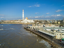 Aerial View Of Reading Power Plant, Tel Aviv Harbour And The Yarkon Estuary Running Muddy Water, Tel-Aviv, Israel.