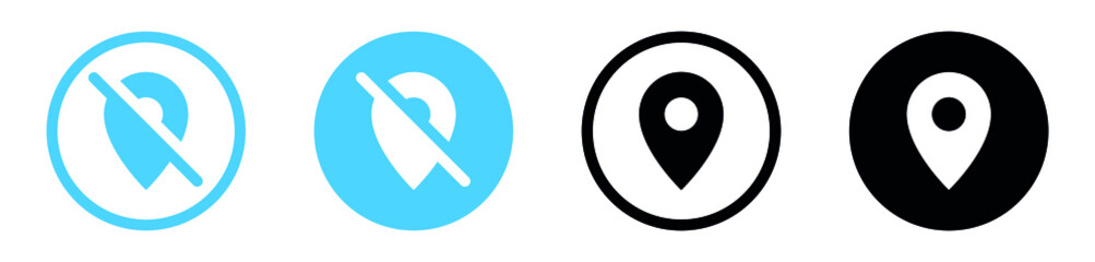 Poster - Location pin icon, no location ban icon, map pointer marker symbol, gps map pin icon button in filled, thin line, outline and stroke style for apps and website