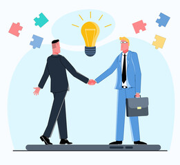 two businessmen standing on a smartphone and shaking hands, with a light bulb hanging above them, which symbolizes a new startup idea flat vector illustration