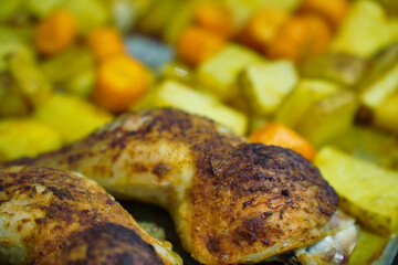 Canvas Print - Closeup shot of fried vegetables with meat in a kitchen