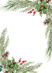 christmas floral frame. watercolor winter border for greeting card and invitation. illustration isol