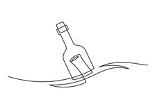 Continuous Line Drawing Of Message In Bottle. Bottle In Sea. Vector Illustration