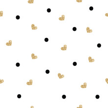 Gold Glittering Heart With Dot Seamless Pattern On White Background. Design Template Card, Wallpaper, Wrapping, Textile, Fabric Etc Vector Illustration