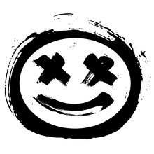 Hand Drawn Smile Emoji Face. Grunge Black Ink Brush Stroke Isolated On White Background. Vector Illustration