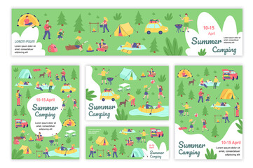 Poster - Summer camping poster and banner templates set. Family resting in nature with tent, preparing food on campfire, barbecue picnic. Cover brochure with tiny people in flat design. Vector illustration.