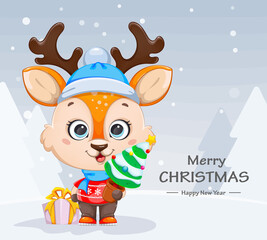 Poster - Cute baby deer holding Christmas tree