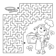 Wall Mural - Maze or Labyrinth Game. Puzzle. Coloring Page Outline Of cartoon girl chef with large pot. Little cook or scullion. Profession. Coloring book for kids.