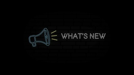 Aufkleber - Glowing neon line Megaphone icon with text What's new isolated on black background. 4K Video motion graphic animation.