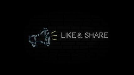 Poster - Glowing neon line Megaphone icon with text Like Share isolated on black background. 4K Video motion graphic animation.