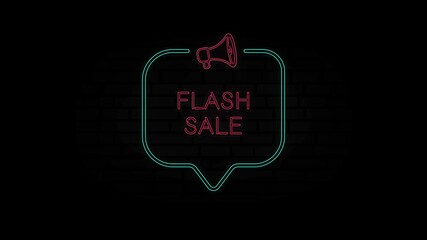Aufkleber - Glowing neon line Megaphone icon with text Flash sale isolated on black background. Flash sale neon sign in speech bubble frame with megaphone. 4K Video motion graphic animation.
