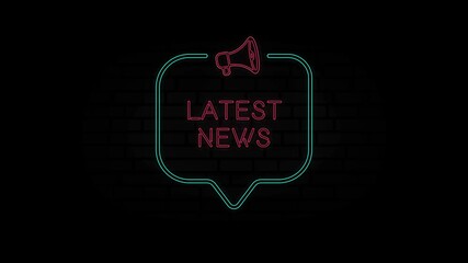 Aufkleber - Glowing neon line Megaphone icon with text Latest news isolated on black background. Latest news neon sign in speech bubble frame with megaphone. 4K Video motion graphic animation.