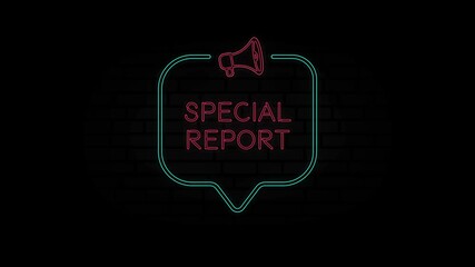 Poster - Glowing neon line Megaphone icon with text Special report isolated on black background. Special report neon sign in speech bubble frame with megaphone. 4K Video motion graphic animation.
