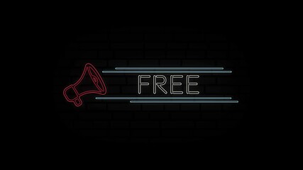 Poster - Glowing neon line Megaphone icon with text Free isolated on black background. 4K Video motion graphic animation.