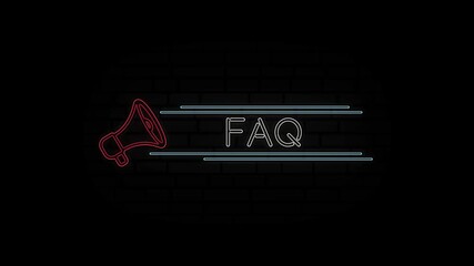 Aufkleber - Glowing neon line Megaphone icon with text Faq isolated on black background. 4K Video motion graphic animation.