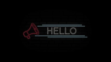 Poster - Glowing neon line Megaphone icon with text Hello isolated on black background. 4K Video motion graphic animation.