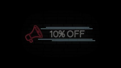 Aufkleber - Glowing neon line Megaphone icon with text 10 Percent Off isolated on black background. 4K Video motion graphic animation.