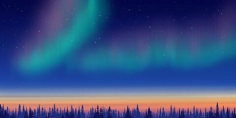 Wall Mural - aurora borealis and forest on the horizon, winter holiday illustration