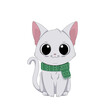 Ręcznie rysowany uroczy mały biały kotek w zielonym szaliku. Wektorowa ilustracja zadowolonego, siedzącego kota. Słodki, chętny do zabawy zwierzak. Kot gotowy na zimę.