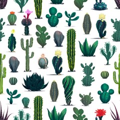 Poster - Mexican desert cactuses, prickly succulent plants seamless pattern. Cartoon vector cacti flowers with spikes and blooming blossoms, tropical floral wallpaper, textile or wrapping paper