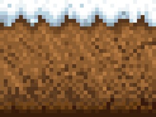 Poster - Ice, snow and ground blocks pattern, cubic pixel game background. Winter season 8bit gaming interface 2d technology. Retro backdrop with soil layer and icy cap underground, earth cross section