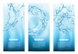 Clean water banners with realistic transparent blue water splashes. Pure fresh water vertical banners with blue aqua swirls, 3d vector falling clean liquid droplets, splashes and ripples