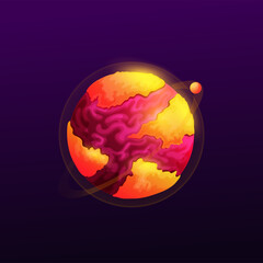 Poster - Fantasy planet, cartoon globe of lava and magma isolated fantasy alien world in deep space. Vector hot burning sphere, asteroid satellite with rocky surface. UI, GUI interface magic fantastic planet