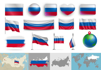 Wall Mural - russia flags of various shapes and geographic map set. realistic waving russian flag, table flag, gl