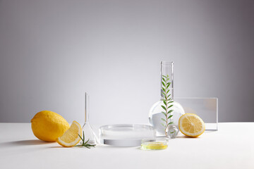 Blank space with sliced lemon transparent podium , petri dish in a white background , green leaf in a test tube for advertising , photography food concept