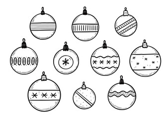 Poster - Doodle christmas ball set. Hand drawn sketch style. Christmas bauble with black line. Isolated vector illustration.