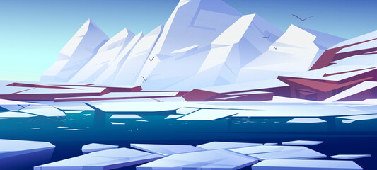 Wall Mural - Arctic landscape with white mountains and glaciers floating in sea. Vector cartoon illustration of northern nature scene with snow on rocks and melting ice on water surface