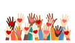 © Volha Hlinskaya - Volunteers holding hearts in palms. Multiethnic diverse people hands give and share love concept. Support and social help isolated vector illustration