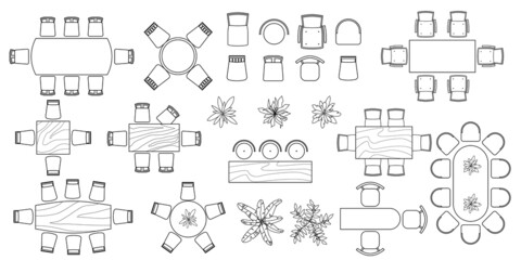 kitchen and dining room furniture top view. set of architectural elements for interior design of hou