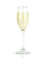 A glass of sparkling wine is isolated on a white background