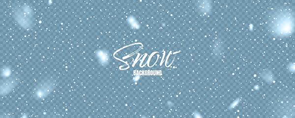 Aufkleber - Realistic falling snow with snowflakes. Blue winter background for Christmas or New Year card. Frost storm effect. Vector illustration.