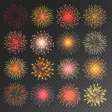 Fototapeta Kuchnia - Colorful festive fireworks collection. Realistic yellow firework, sparkling fire burst. Bursting firecracker rockets. Christmas or New Year celebrating. Vector illustration.
