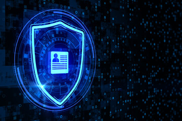 Poster - Abstract glowing shield with document icon on dark binary code background with mock up place. Digital transformation and security concept. 3D Rendering.