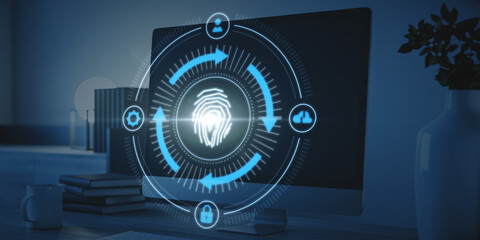 Aufkleber - Close up of computer on desktop with abstract glowing fingerprint id scanning interface on blurry background. Biometrics and safety concept. 3D Rendering.