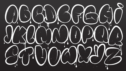 Graffiti alphabet. Bubble graffiti letters outline. White uppercase letters with texture effect, drips, and spray effect on dark background. Graffiti font.