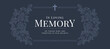 In loving memory of those who are forever in our hearts text with line drawing rose blossom and double line frame with cross crucifix sign on dark blue background vector design