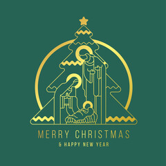 Wall Mural - Merry Christmas and happy new year banner - modern gold line The Nativity with mary and joseph in a manger with baby Jesus and Christmas tree on green background vector illustration design