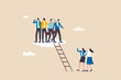 Gender gap, male domination in company executive board, unequal or unfair, inequality in management position, businessmen climb up ladder up the cloud with no space left for woman female colleagues.